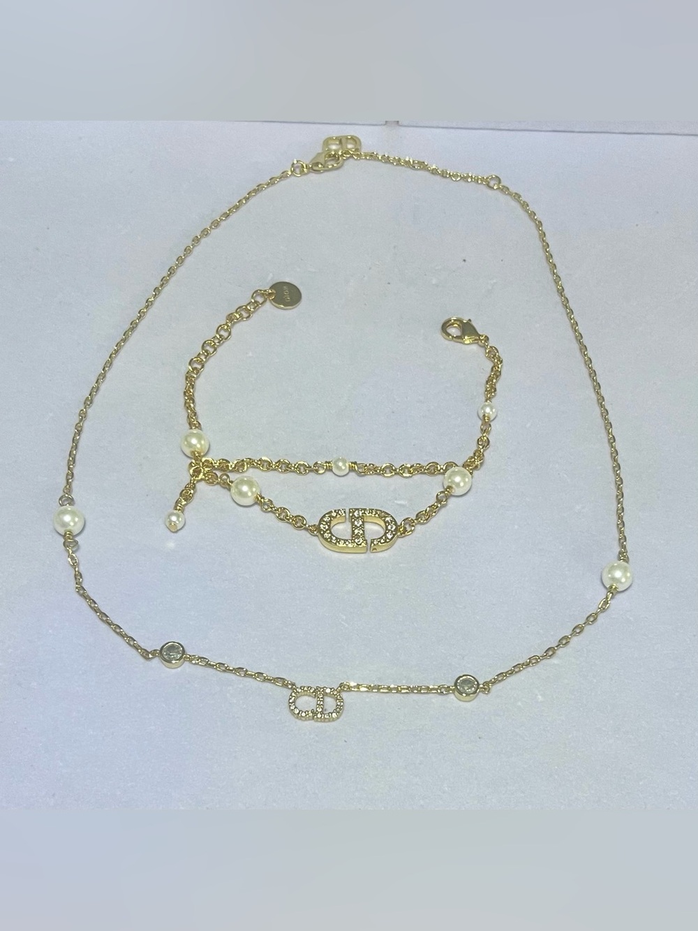 Gold-Tone Pearl Link Necklace with Crystal-Accent Pendant